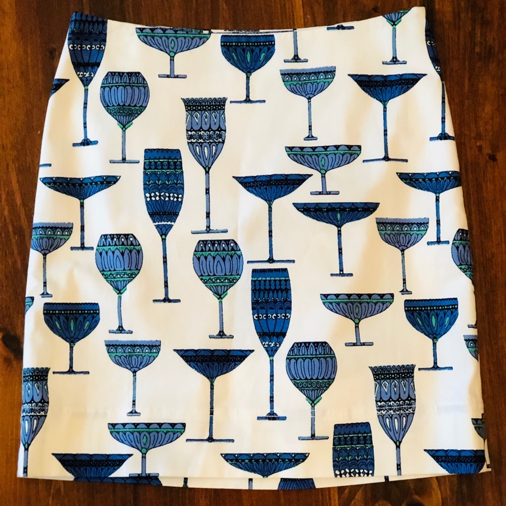 Talbots Fully Lined Skirt | Blue Cocktail Glass Print | Classic & Chic
